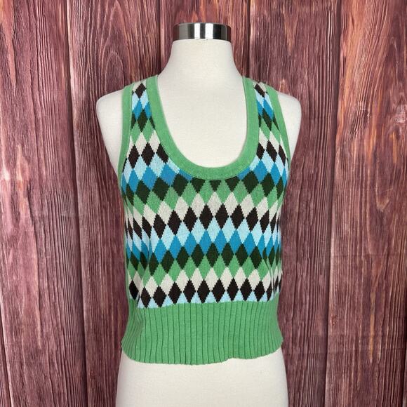 Y2K VTG Womens Small Argyle Sweater Tank Top Green Blue Academia Ramie Cotton - Picture 2 of 6